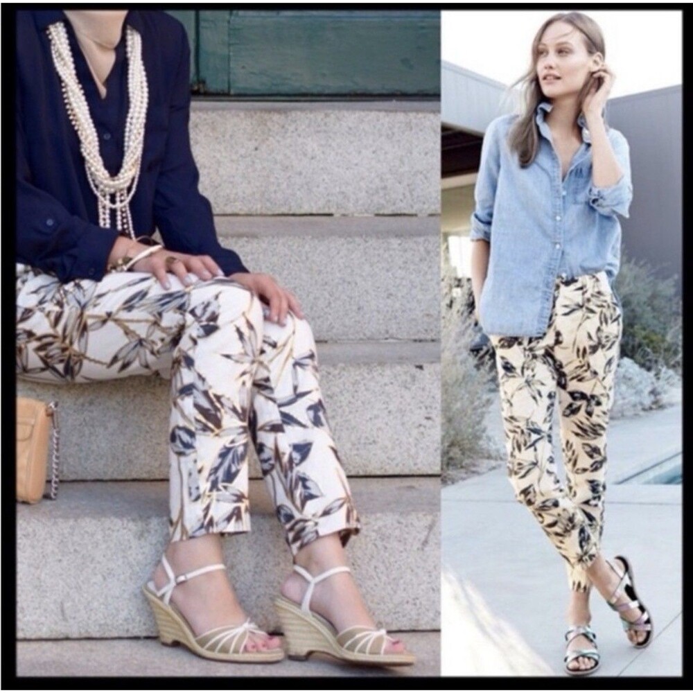 J. Crew Women's 100% Linen White Black Gold Foil Leaf Print  Pants 8